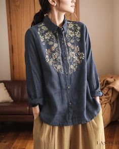 Lasaky - Premium Cotton Linen Embroidered Shirt - Stylish, Relaxed-Fit Long-Sleeved Top, a Must-Have Staple for Your Wardrobe Casual Long Sleeve Shirt With Floral Embroidery, Casual Long Sleeve Embroidered Shirt, Long Sleeve Shirt With Floral Embroidery And Relaxed Fit, Relaxed Fit Long Sleeve Shirt With Floral Embroidery, Embroidered Crew Neck Shirt For Fall, Fall Embroidered Crew Neck Shirt, Long Sleeve Cotton Top With Tonal Embroidery, Casual Cotton Blouse With Machine Embroidery, Long Sleeve Cotton Tops With Machine Embroidery