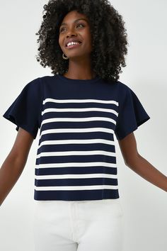 Navy and White Striped Knit Kirby Top Chic Striped Crew Neck T-shirt, Chic Striped Crew Neck Knit Top, Knit Crew Neck Tops With Striped Sleeves, Knit Tops With Striped Sleeves And Crew Neck, Spring Knit Tops With Horizontal Stripes, Striped Ribbed Knit Tops, Spring Knit Tops With Contrast Stripes, Stretch Crew Neck Top With Contrast Stripes, Chic Knit Tops With Contrast Stripes