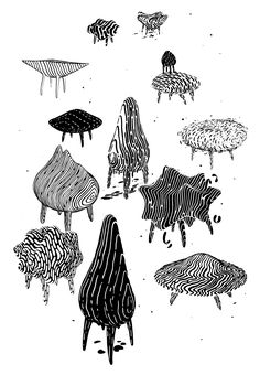 an ink drawing of different types of animals