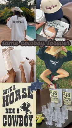 collage of photos with cowboy hats and t - shirts, including an image of a woman