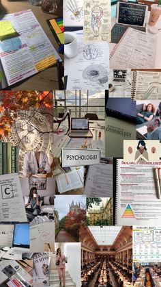 a collage of photos with many different things on them including books, papers and pens