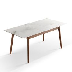 a white marble table with wooden legs on an isolated surface, viewed from the front