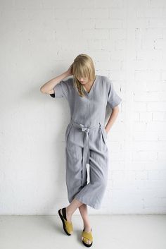 Linen Jumpsuit Motumo 17K3 / Handmade linen jumpsuit with Everyday Scenes, Jumpsuit With Belt, Womens Jumpsuits, Linen Jumpsuit, Short Jumpsuit, V Neckline, Linen Dresses, Linen Clothes, Pure Linen