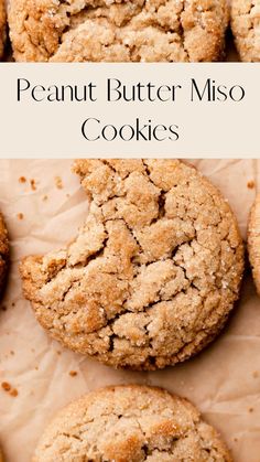 peanut butter miso cookies on parchment paper with the title overlay reads, peanut butter miso cookies