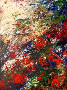 an abstract painting with red, white and blue colors on it's surface is shown