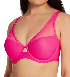 Enjoy the support of a full coverage bra with the alluring look of a lower cut cup. Wear it everyday or for special occasions. Made of nylon and spandex. Encased underwire bra has lightly padded cups for modesty and shape. High apex cups have a sheer overlay with matte elastic along plunge neckline. Mesh-covered elastic underband follows shape of underside to help keep fit close. Soft, stretch mesh sides and back have two layers for smoothing under clothing. Highly restricted stretch elastic bac Pink Underwire Bra With Removable Cups, Underwire Bra With Removable Pads In Nylon, Underwire Nylon Bra With Removable Pads, Nylon Underwire Bra With Removable Pads, Full Cup Nylon Bra With Medium Bust Support, Pink Low-cut Padded Bra, Low-cut Padded Pink Bra, Nylon Full Cup Bra With Removable Pads, Seamless Underwire Nylon Bra