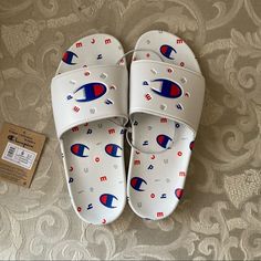 Nwt Champion Logo Slides In White Size 9 Super Comfortable And Sweet. Freshen Up Your Look With These Casual Wear Slides. So Comfortable And Well Made. Champion Slides, Red Flip Flops, White Slides Sandals, Navy Sandals, Champion Shoes, Pink Flip Flops, Pink Slides, White Slides, Black Slides