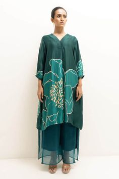 Sea green kurta with placed floral print on a flowy silhouette. Comes with sheer panel layered pant. - Aza Fashions Green V-neck Sets For Spring, V-neck Floral Print Kurta For Eid, Eid Floral Print V-neck Kurta, Floral Print V-neck Sets For Eid, V-neck Floral Print Sets For Eid, Spring Green Kurta With Printed Motifs, Green Kurta With Printed Motifs For Spring, Green Printed Kurta For Spring, V-neck Kurta With Floral Embroidery For Spring