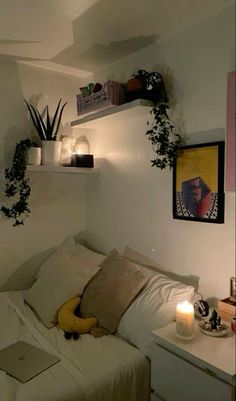 a room with a bed, desk and plants on the wall next to each other