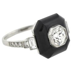 Art Deco Platinum Onyx and Diamond Ring 0.75ctw For Sale at 1stDibs Gia Certified Art Deco Octagon Ring, Art Deco Platinum Octagon Ring, Art Deco Octagon Platinum Ring, Art Deco Octagon Ring With Center Stone, Art Deco Octagon Ring With Prong Setting, Art Deco Octagon Ring With Bezel Setting, Art Deco Octagon Bezel Set Ring, Cushion Cut Diamond, Baguette Diamonds