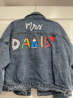 These denim jackets are customized by name and profession! I will contact buyer regarding design for approval!  Everything is freehanded onto the jacket & the designs will change based off of the names given! Teacher Jacket, Personalized Jacket, Womens Jackets, Refashion Clothes, Denim Jackets, Fabric Painting, Diy Clothes, Favorite Outfit, Fashion Photography