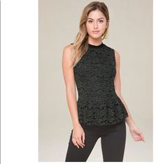 Bebe 2 Tone Lace Peplum Top M Nwt Olive Geeen Lace W Black Compression Tank Top, Silk Tunic Top, Lace Peplum Top, Stretchy Crop Tops, Athletic Crop Top, Corset Shirt, Fashion Minimalist, Embellished Blouse, Lace Peplum