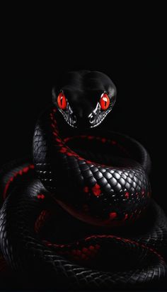 a black snake with red eyes on it's head and tail, in the dark