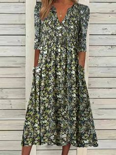 Beach Dresses Casual, Casual Dresses Plus Size, Women's A Line Dresses, Green Midi Dress, Spring Summer Dress, Summer Style Casual, Vestido Casual, Midi Dress With Sleeves, Woven Dress