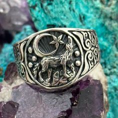 Guaranteed 925 Sell Sterling Silver Is This Beautiful Beautiful Highly Detailed Men's Ring. You Have The Wolf That's Howling And The Moon Decoration Celestial In The Background. Beautiful Ring This Ring Is Size 13.25. Please See Pictures For Ring On Ring Sizer To Make Sure It Will Work For You. New Moon Decoration, Moon Rings, Male Witch, Moon Decor, Wolf Moon, Man On The Moon, Background Beautiful, Beautiful Beautiful, Mens Accessories Jewelry