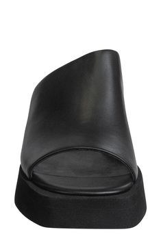 A soft leather slide sandal offers sophisticated style with an architectural vamp lifted by a wedge heel. 2" heel; 1/2" platform Leather upper/synthetic lining and sole Imported Boho Lifestyle, Ankle Wrap Sandals, Drop Box, Wardrobe Update, Womens Sandals Wedges, Slip On Mules, Leather Slide Sandals, Black Wedge Sandals, Body Systems