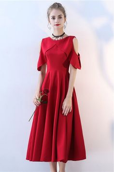 Burgundy Midi Length Party Dress Simple with Sleeves - $69.3 #BLS86055 - SheProm.com Red A-line Mini Dress For Banquet, Red Midi Dress For Wedding Party, Red Midi Dress For Prom Party Season, Red Midi Dress For Prom And Party Season, Red Midi Dress For Wedding Party Season, Red A-line Midi Dress For Party, Red Midi Dress For Banquet, Red Knee-length Evening Dress, Red A-line Dress For Party Season