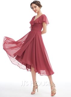 [AU$121.00] A-Line V-neck Asymmetrical Cocktail Dress With Ruffle Cute Prom Dresses Long Knee Length, Asymmetrical Chiffon Dress With Ruffles, Chiffon Ruffle Midi Dress For Wedding Guests, Chiffon Midi Dress With Ruffles For Wedding Guests, Flowy Chiffon V-neck Dress With Ruffle Hem, Flowy Chiffon Evening Dress With Ruffle Hem, Elegant Flowy Chiffon Dress With Asymmetrical Hem, Flowy Chiffon Dress With Asymmetrical Hem For Party, Flowy Chiffon Dress With Asymmetrical Hem