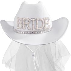 a white hat with the word bride written on it's brimmed crown