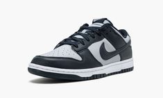 The Nike Dunk Low “Georgetown” is an semi-original colorway of the retro basketball shoe from Nike’s college basketball-inspired “Be True to Your School” collection of Dunks from 1985.  We ay "semi-original" because the grey-and-navy color scheme originally appeared on the Nike Terminator from the same era as the original 1985 set of Dunks.  For this “Georgetown” Dunk Low, grey leather appears on the perforated toe, mid-panel, collar, and heel.  The forefoot, eyelets, collar, heel, and Swoosh ar Georgetown Dunk, Nike Dunk Low Georgetown, Nike Terminator, Navy Color Scheme, Retro Basketball Shoes, Tenis Nike, Nike Brand, Fabric Labels, Grey Nikes