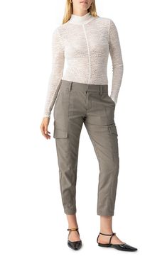 A mini houndstooth pattern adds polished style to these cropped pants popped with on-trend cargo pockets for a utility-inspired touch. 28" inseam; 13" leg opening; 10 1/2" front rise Zip fly with hook-and-bar closure Front slant pockets; back flap pockets; cargo flap-patch pockets 100% polyester Machine wash, line dry Imported Fitted Pants With Side Pockets For Fall, Fall Fitted Utility Cargo Pants, Fitted Utility Cargo Pants For Fall, Fall Mid-rise Cargo Pants With Hip Pockets, Fitted Utility Pants With Patch Pockets, Fall Fitted Utility Pants, High-waisted Cargo Pants With Patch Pockets For Fall, Fitted Cargo Style Ankle-length Bottoms, Fitted Cargo Style Ankle-length Pants