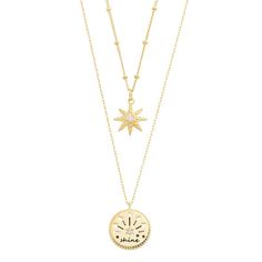 Add a little celestial interest to your jewelry collection with this set of two 14k gold-plated City Luxe necklaces, one a starburst with a sparkly cubic zirconia stone in the center and the other a medallion with a petite cubic zirconia accent, emblazoned with the word "shine". SET DETAILS Includes: two necklaces Pendant length: 0.62 in. Chain length: 16 in. + 2 in. extender Chain type: bead, cable Metal: brass Plating: 14k gold Finish: polished Packaging: boxedSTONE DETAILS Stone type: cubic z Celestial Jewelry With Starburst Star Charm, 14k Gold Starburst Celestial Jewelry, Gold Starburst Jewelry With Star Charm, Dainty Starburst Yellow Gold Jewelry, Tarnish Resistant Gold Plated Star Jewelry, Gold Celestial Jewelry With Star Charm, Celestial Star Jewelry With Delicate Chain, Celestial Gold Plated Jewelry With Star Charm, Gold Plated Jewelry With Star Charm