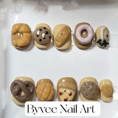 The perfect gift for your girlfriend, bridesmaids, wife or loved ones.  Find cute customized press on nails for your party or special occasion here.  Get 10% off your first purchase when you sign up for my newsletter at https://bit.ly/3EFtlKX Package includes: -10 nails and 1 Prep kit (2 sheets of adhesive tabs, 1 wooden cuticle pusher, 1 nail file, and 2 wipes） Please note that we do NOT accept any cancellation, exchange, return or refund after confirming payment. Once your package has been shi Banana Nail Art, Croissant Nails, Food Nails Designs, Bread Nails, Japanese Donut, Press On Nails Packaging, Breakfast Nails, Japanese Donuts, Croissant Pizza