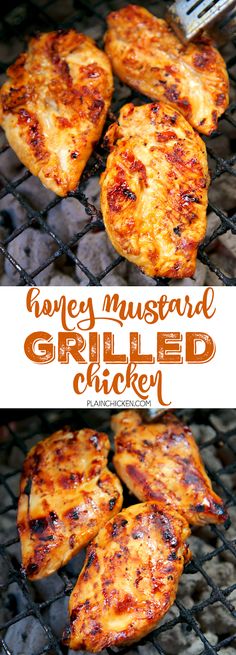 grilled chicken on the grill with text overlay that reads honey mustard grilled chicken