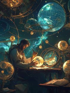 a man sitting at a desk surrounded by glowing orbs