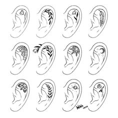 the different types of ear piercings that are drawn in pencil and ink on paper