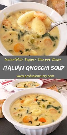 italian gnocchi soup with potatoes and carrots in a white bowl