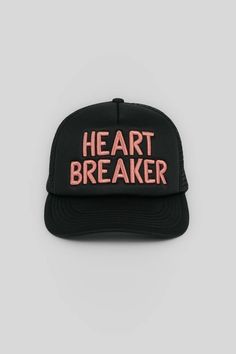 THE KEISER CLARK HEARTBREAKER TRUCKER HAT FEATURES A 5 PANEL DESIGN WITH A SOFT BLACK BRIM AND BLACK FRONT RISE FEATURING A "HEARTBREAKER" RAISED-EMBROIDERY IN STEEL ROSE. THE TRUCKER HAT IS CONSTRUCTED WITH A BLACK MESH REAR PANEL BODY, SNAP BACK CLOSURE, FINISHED WITH A BLACK AND STEEL ROSE "KC" TAG. Cheap Trucker Hat With Logo Patch Snapback, Human Instincts, Raised Embroidery, Neo Noir, California Style, Snap Back, Hats For Sale, Snap Backs, Black Mesh