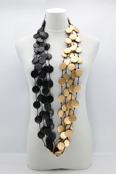 Description: 5-strand necklace 28mm wooden coins Knotted cotton cord Length: Approximately 130 cm Available colours & Product codes: Olive/Gold - NL2110-4203 Purple/Silver - NL2110-3902 Black/Gold - NL2110-0103 Black/Silver - NL2110-0102 Gold/Purple - NL2110-0339 Gold/Silver - NL2110-0302 Purple/Gold - NL2110-3903 Bold Necklace, Trending Necklaces, Fiber Jewelry, Dope Jewelry, Chunky Jewelry, Polymer Clay Necklace, Wood Necklace, Clay Necklace, Creating Jewelry