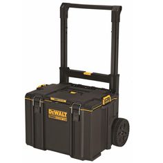 a black and yellow tool box with wheels