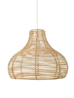 a light that is made out of bamboo and has a white cord hanging from it