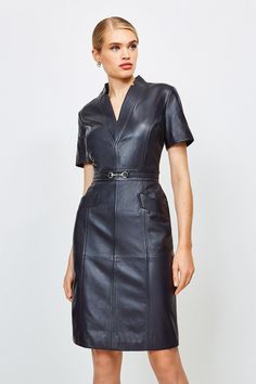 There'S No Such Thing As Too Many Leather Dresses. Making You Look Pulled Together In An Instant, This One Has Been Tailored To Perfection Thanks To Its Carefully Placed Seams And Panels. Finished With A Notched Low V-Neck, Flap Pockets And Metal Snaffle Trim At The Waist, The Piece Makes For An Undeniably Smart Look. Sleek Leather Workwear Dress, Luxury Leather Workwear Dresses, Sleek Leather Dresses For Workwear, Luxury Leather Work Dresses, Sleek Leather Dress For Work, Luxury Leather Dresses For Work, Elegant Leather Office Dress, Fitted Leather Office Dress, Fitted Leather Dress For Office