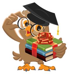 an owl wearing a graduation cap and glasses holding a stack of books