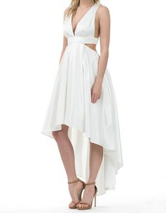 This gorgeous sleeveless cutout dress is great for semi formal, formal, and special occasions and can be wore as a beautiful but simple wedding dress. This flowy midi dress has a v neck in the front with straps from the front of the dress going down the back to the middle and is attached to an elastic band that going from left to right, Dress is very stylish with dress hook and eye with zipper in the middle back of the dress and hi low hemline. Material: 100% Polyester Neckline: V Neck Sleeve St Hi Low Dress, Flowy Midi Dress, Simple Wedding Dress, Hi Low Dresses, White Sleeveless, Simple Wedding, Cutout Dress, Wedding Dresses Simple, Semi Formal