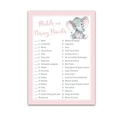 a pink and white baby shower game with an elephant on the top, which reads match me disney parents