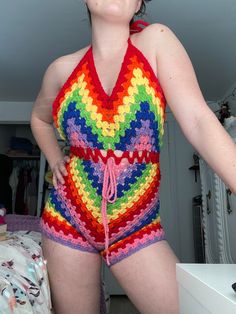 This rainbow romper is one of a kind!! Fits size small/medium and can cinch at the waist. Multicolor Fitted Halter Neck Jumpsuits And Rompers, Fitted Multicolor Halter Neck Jumpsuit, Multicolor Fitted Halter Neck Jumpsuit, Multicolor One-piece Summer Jumpsuits And Rompers, Summer Multicolor One-piece Jumpsuits And Rompers, Multicolor One-piece Summer Jumpsuit, Summer Multicolor Jumpsuits And Rompers, Casual Multicolor Halter Neck Jumpsuits And Rompers, Sleeveless Multicolor Bodysuit For Festivals