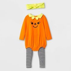 Get Your Darling Ready For The Fright Night Wearing This 3-Piece Pumpkin Top And Bottom Set . This Baby Girls' Clothing Set Includes A Long-Sleeve Romper With Citrus Yellow Collar And Headband, As Well As Coordinating Black And White Striped Leggings For A Complete Halloween Look. Size: 18m #Al1 Playful Playwear Sets For Fall, Halloween Costume Sets With Long Sleeves, Long Sleeve Halloween Costume Sets, Cute Long Sleeve Halloween Sets, Cute Long Sleeve Sets For Halloween, Playful Halloween Costume Onesie, Playful Fall Playwear For Babies, Playful Fitted Halloween Sets, Playful Fitted Sets For Halloween