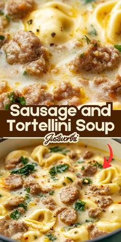 sausage and tortellini soup in a skillet, with the title above it