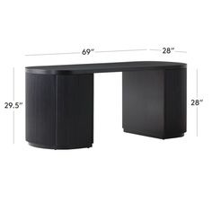 a black desk with measurements for the top and bottom section, including an angled corner