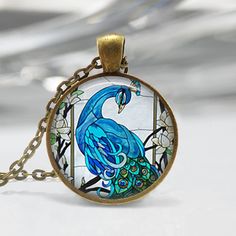 Blue Peacock Necklace Bird Jewelry Nature Glass Dome Art Pendant in Bronze or Silver with Link Chain Handmade Peacock Jewelry Gift, Handmade Peacock Color Jewelry As Gift, Handmade Peacock Jewelry As Gift, Artistic Round Glass Jewelry, Artistic Glass Round Pendant Necklaces, Artistic Glass Necklace With Round Pendant, Artistic Glass Round Pendant Necklace, Artistic Round Glass Necklaces, Dome Art