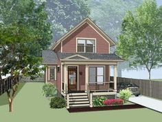 this is a computer rendering of the front of a small house with porches and stairs