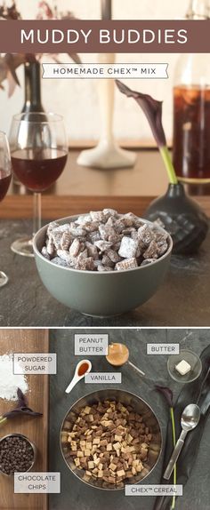 the ingredients for muddy buddies are shown here