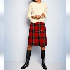 New With Tags, Talbots Classic Plaid A-Line Skirt In Size 2p. Pretty Buttons On The Front, Concealed Side Zipper, Hits Above The Knee. Festive Print Perfect For The Holidays! Plaid A Line Skirt, Scottish Skirt Outfit, Knee Boots Flat, Vogue Collection, Pretty Buttons, Flannel Skirt, Burberry Skirt, Tartan Fashion, Plaid Pencil Skirt