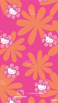 an image of hello kitty wallpaper in pink and orange colors with flowers on it