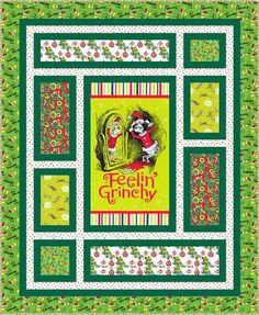 a green and yellow quilt with an image of a raccoon