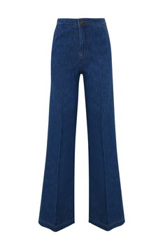 women's denim trousers: cotton denim high waist zip and button closure french pockets welt pocket on the back medium stone wash wide line regular fit ironed crease tailored design composition: 100% cotton pocket lining: 52% polyester, 48% cotton Classic Medium Wash Bottoms For Work, Modern Mid-rise Bottoms With Welt Pockets, Dark Wash Wide Leg Bottoms With Welt Pockets, High Rise Flare Jeans In Medium Wash For Work, Wide Leg Dark Wash Bottoms With Welt Pockets, Modern Wide Leg Work Jeans, Modern Wide Leg Jeans For Work, High Rise Flare Jeans For Work, Modern Mid-rise Flare Jeans For Work